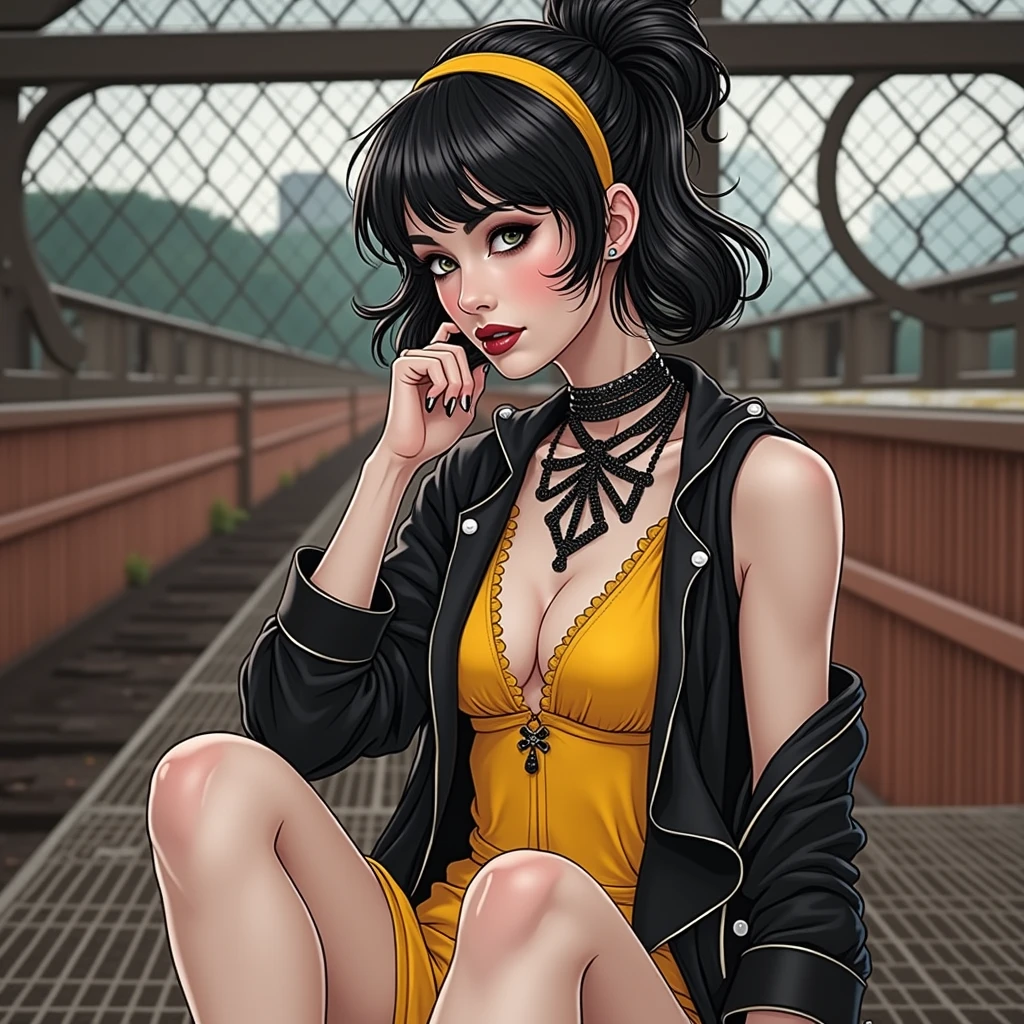 women, gothic, yellow low cut summer dress, black necklace , posing sexy, on a grate.