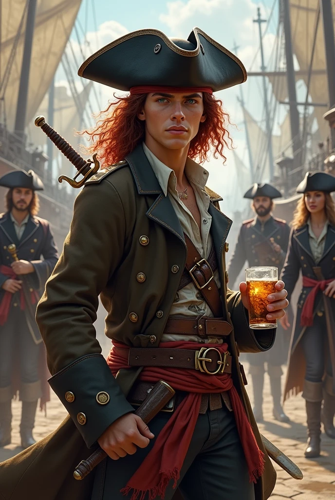 Create an image of a full human race pirate for D&D. A 20 year old pirate with long curly, garnet red hair, beardless and with dark green eyes. He wears a black leather battered hat, He wears a long, worn and old brown pirate-style trench coat, with a light shirt and a ruined vest underneath. In life he wears a red sash with a belt, above the belt two pirate sabres. He is drinking rum and fighting against some British naval soldiers in a large port..
Pirate protagonist-realistic picture-epic fight-happy protagonist-no beard-20 years old character