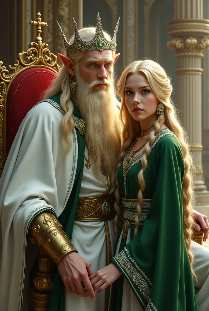 In the royal hall, a tall, handsome elven king with green eyes and long blond hair, wearing a white robe with green details and wearing a delicate white crown with emerald stones, is sitting on a throne, and standing there is the tall prince man, with blue eyes, long blonde hair with some braids, wearing a green tunic with white details.