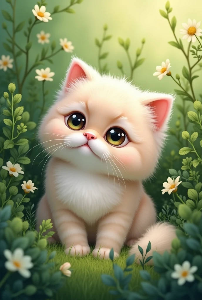 I want a sweet Persian cat on greenery
