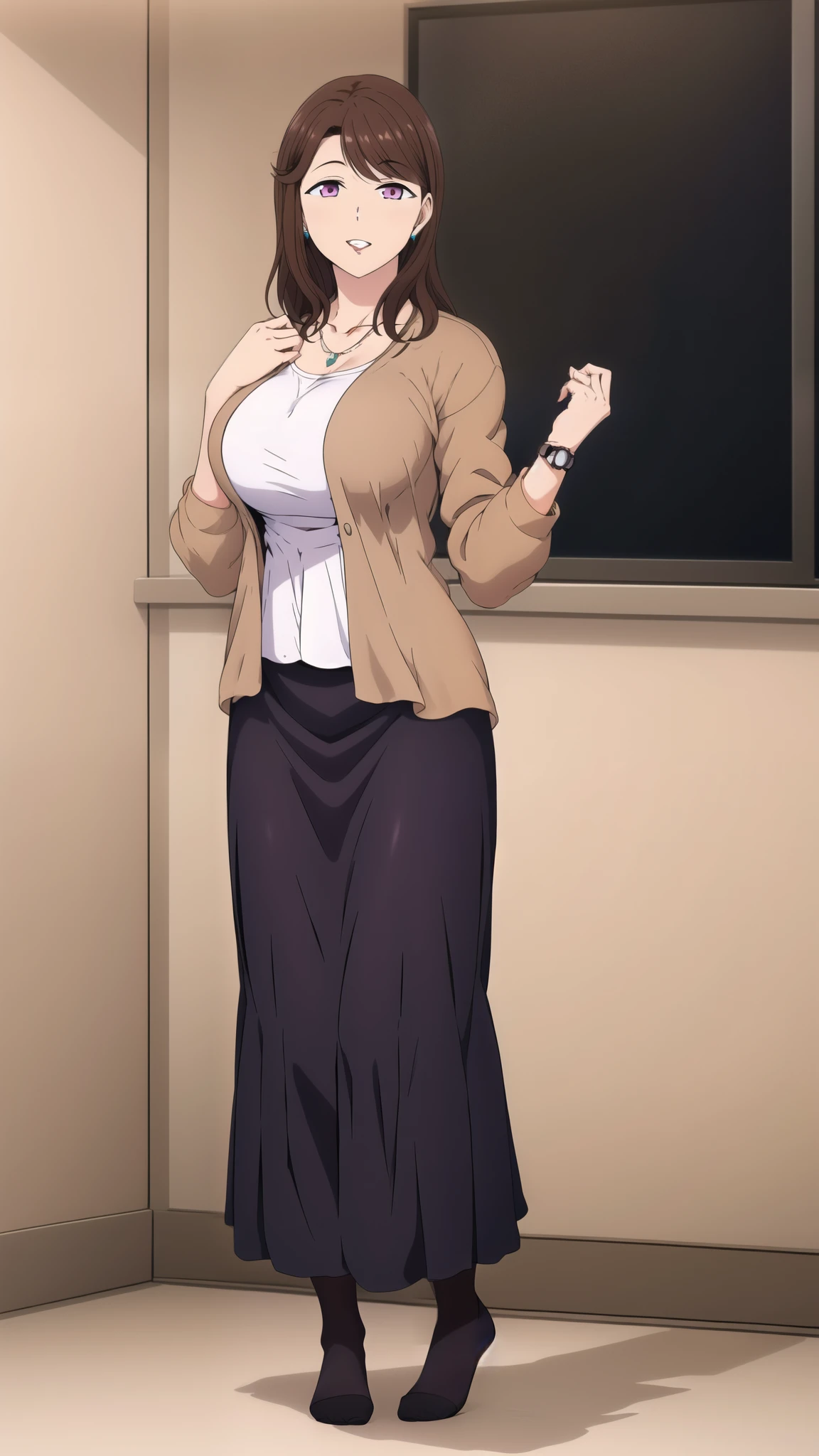 master piece, 1girl, solo, long hair, looking at viewer, smile, pink eyes, long skirt, no shoes, skirt, large breasts, black pantyhose, indoors, brown hair, shirt, jewelry, purple eyes, collarbone, jacket, white shirt, cowboy shot, earrings, parted lips, open clothes, hand up, necklace, cardigan, watch, purple skirt, brown jacket, mature female, wristwatch , mature female,(masterpiece: 1.0), (best_quality: 1.0), ultra high resolution, 4K, absurdres, full body
