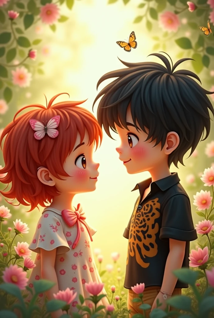 crianças brothers, de cabelo ruivo, Floral butterfly dress with pink bow, brothers, black haired with black tiger blouse