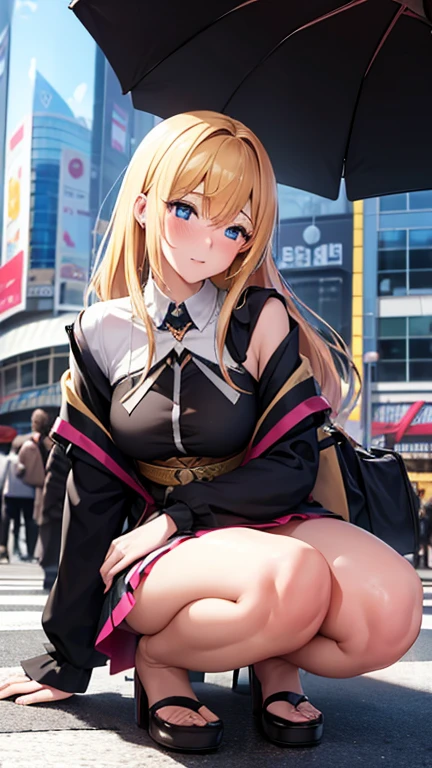 Sulamith Wülfing, Friedrich Schröder Sonnenstern, Dariusz Zawadzki, George Barbier, Elsa Beskow, Surrealism, mysterious, bizarre, fantastical, fantasy, Sci-fi, Japanese anime, beautiful blonde miniskirt girl Alice leads the parade of mourning gods, perfect voluminous body, Shibuya Scramble Crossing, detailed masterpiece happy coquettish Hyper realistic sharp focus coquettish shy embarrassed blushing happy