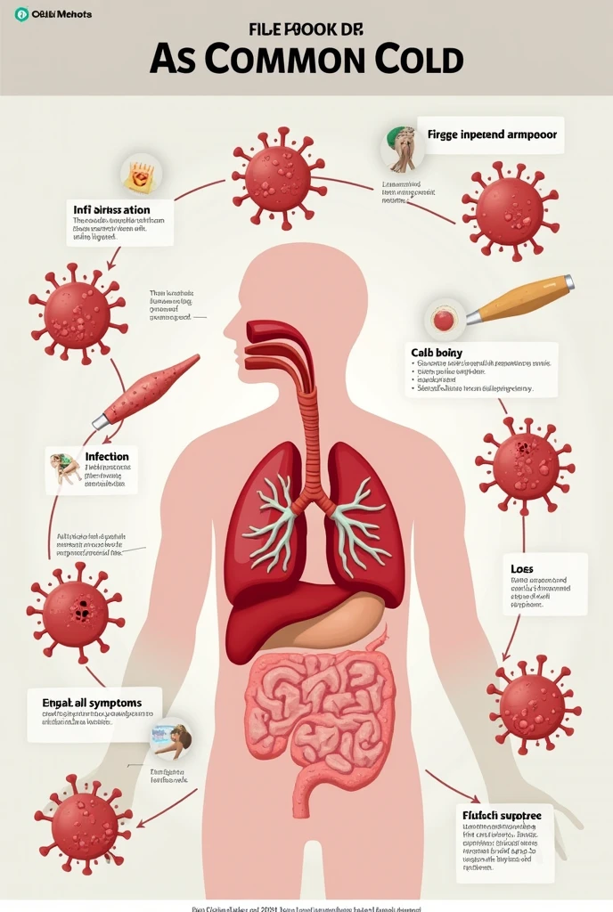 CREATE AN IMAGE ABOUT THIS COMMON COLD PROCESS 1. Initial Infection The cycle begins with exposure to one of the many viruses that cause the common cold., Rhinoviruses being the most common. Transmission usually occurs through:
Direct contact: By touching contaminated surfaces and then touching your face.
aerosol sprays: By inhaling small droplets expelled by an infected person when coughing or sneezing.
Once the virus enters the body, adheres to epithelial cells of the upper respiratory tract.
2. Viral Replication After Attachment, The virus enters the cells and begins to replicate.. This process can take between 24 and 72 hours after initial exposure.. During this phase:
Infected cells begin to produce new viral particles.
The immune system detects the presence of the virus and begins to respond.
3. Initial Symptoms Initial symptoms usually appear between 1 and 3 days after infection.. These may include:
Nasal congestion Sneezing Sore throat Mild cough These symptoms are caused by both viral replication and the inflammatory response of the immune system.
4. Progression of Symptoms As the infection progresses, Symptoms may intensify and last between 7 and 10 days. Additional symptoms may include:
Runny nose (which can turn yellow or green)
Fatigue Malaise Mild fever (In some cases)
During this phase, the body continues to fight the virus, which can cause an increase in the production of mucus and other bodily fluids.
5. Resolution Most people recover completely without complications in about a week to ten days.. The immune system effectively eliminates the virus, and the symptoms begin to gradually subside.
However, Some people may experience persistent cough or congestion for an additional time due to residual irritation in the lungs.