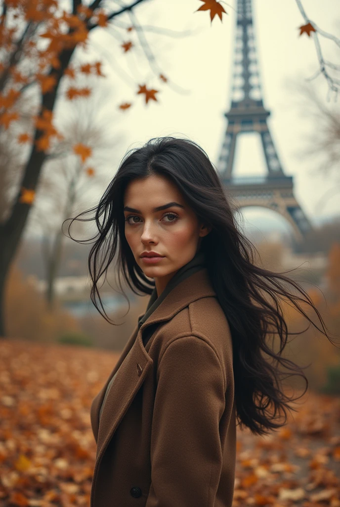A woman with black hair blowing in the wind on an autumn day with a landscape with the Eiffel Tower in the background with dry tree leaves flying