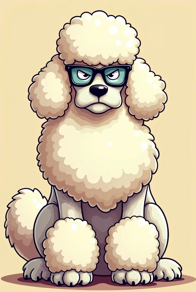 Draw a snobbish, angry, arrogant giant poodle dog with cool glasses in cartoon style