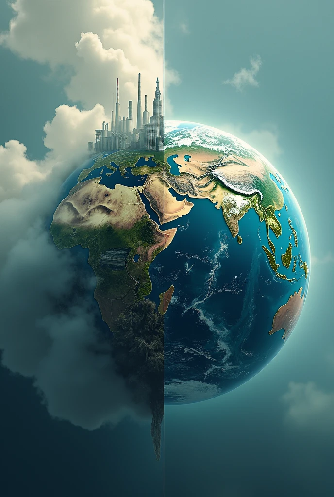 Planet Earth with a polluted vertical half