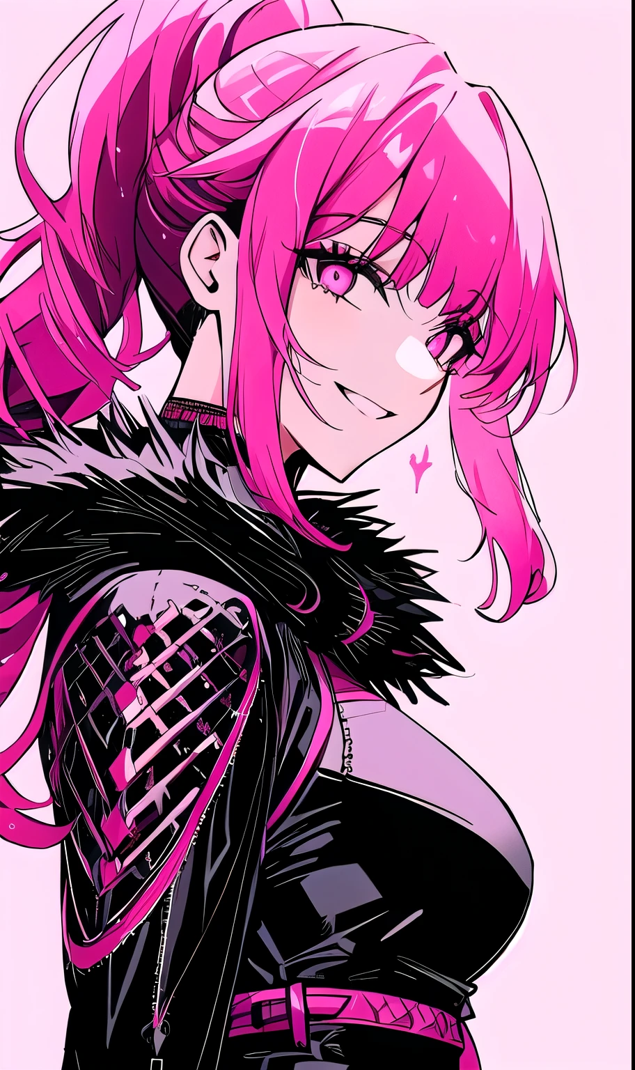 A beautiful gothic woman with long hot pink hair (haircut with bangs and ponytail), Latin eyes, smiling sweetly, wearing a stylish cyberpunk neon pink dress and a long fur jacket, Empty background of candlelit medieval street