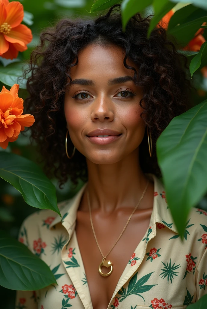 A Brazilian woman in a lush tropical garden, wearing an open shirt with a floral print, with a close-up capturing the harmonious beauty between her breasts and the natural flowers, showing off your natural charm and outgoing personality.