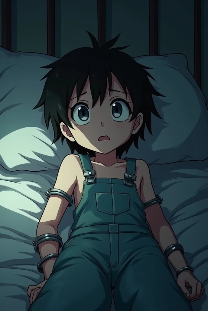 (((anime style, cel shaded, a young boy lying on a bed with wrists and ankles tied to bedposts using metal cuffs))), vulnerability, soft rumpled sheets, dimly lit room, tension, shadows playing across the scene, (((partially clothed in baggy dungarees))), expression of discomfort or anxiety, simple surroundings with soft lighting, focus on the person and situation, detailed and cinematic