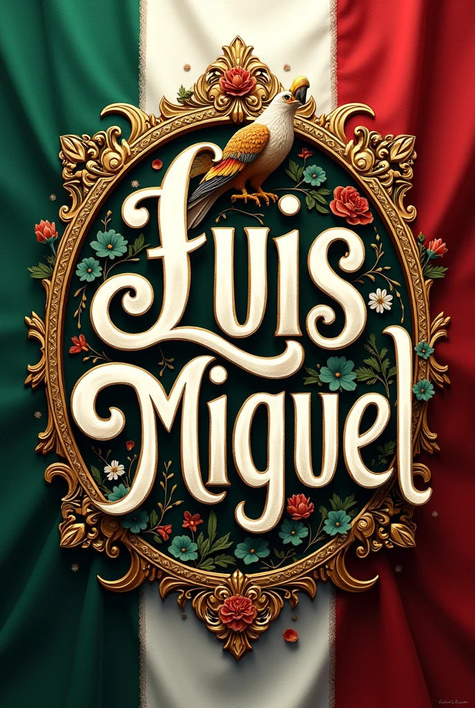 Design me an elegant lettering with realistic metallic gold trim and Mexican details and the Mexican flag that says Luis Miguel 
