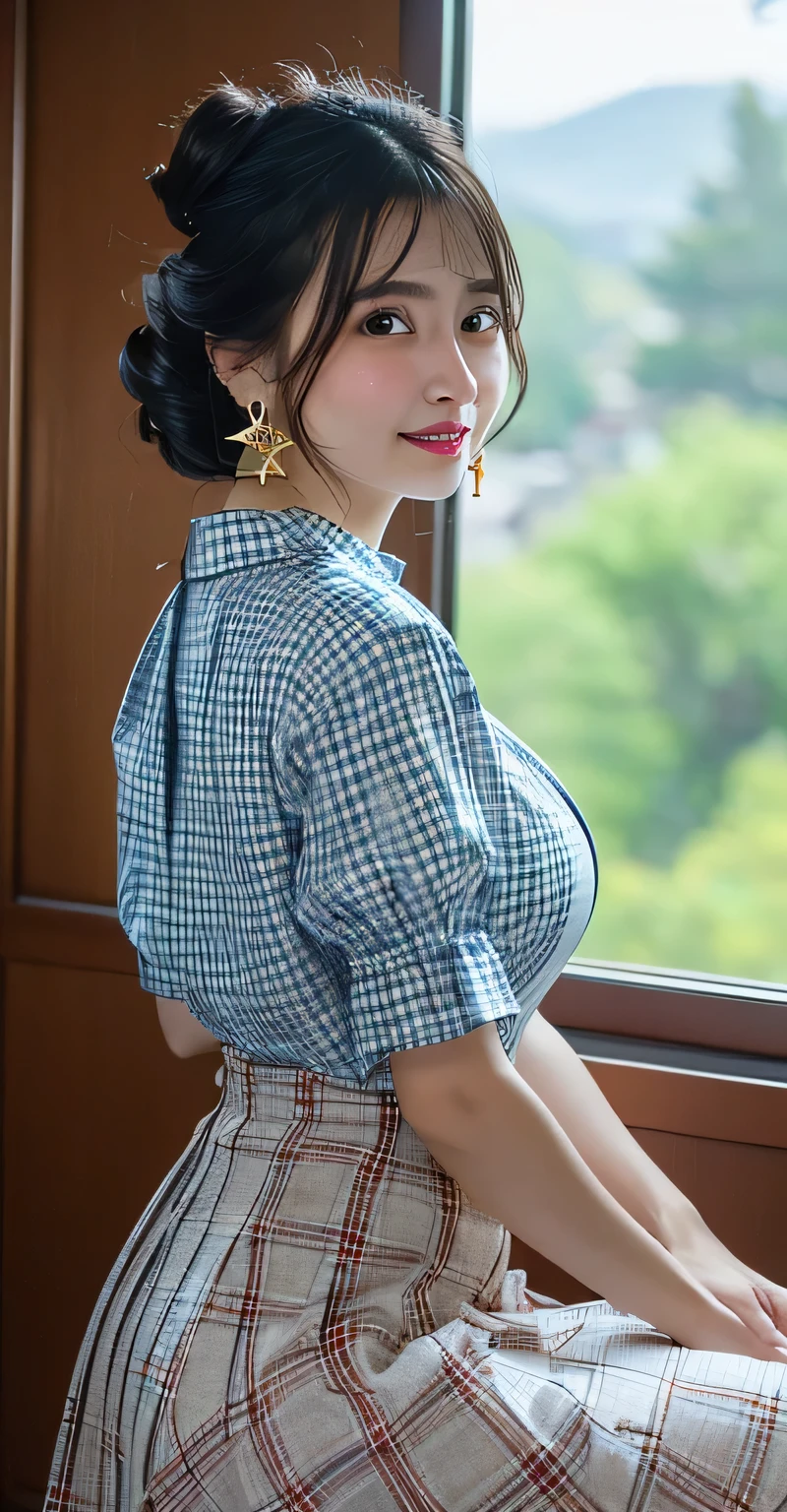 (8k,RAW Photos,Like the picture:1.45),masterpiece,Highest quality,wonderful,(Sexy Mature Woman:1),(Mature very cute woman:1.3), (2. Women.1.3)、(((very, Very large breasts)))、(((Extremely lewd and very huge boobs))、(((Very deep valley)))、Hyper Real、She is a々In a quiet office、A beautiful and elegant smile、beautiful white skin、beautiful, Delicate and precise skin texture、Long, fluffy, beautiful black hair(updo:1.45)、beautiful Japanese Women、(BIG ASS)、Thick thighs、Bright red lips、Gold small star-shaped earrings、{Light blue checkered long skirt((Plain white blouse))},