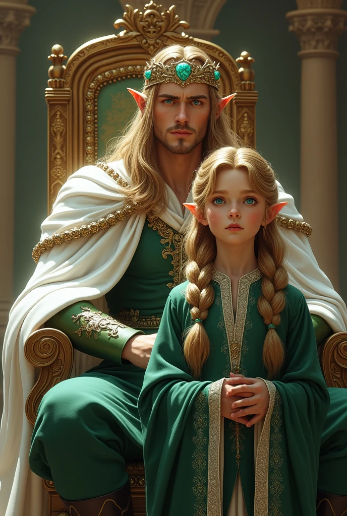 In the royal hall, a tall, handsome elven king with green eyes and long blond hair, wearing a white robe with green details and wearing a delicate white crown with emerald stones, is sitting on a throne, and standing there is the tall prince man, with blue eyes, long blonde hair with some braids, wearing a green tunic with white details.