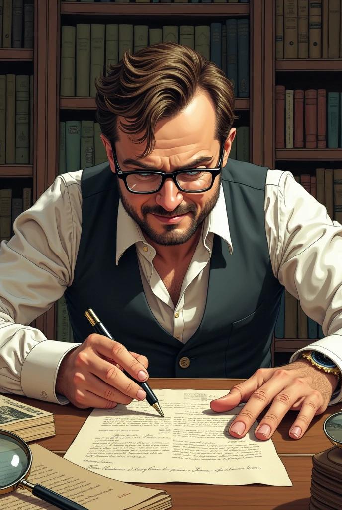 A drawing style man, with glasses, enthusiastically doing documentary research, insert Magnifying glasses and documents. In order to represent documentary research.