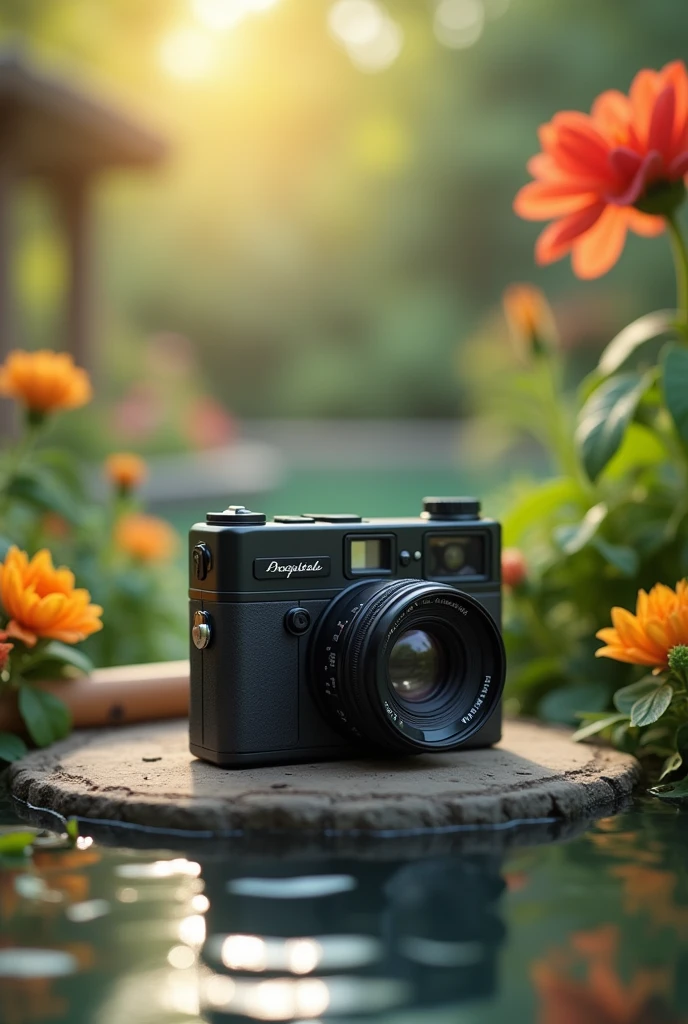 a black mini family camera in a nice setting