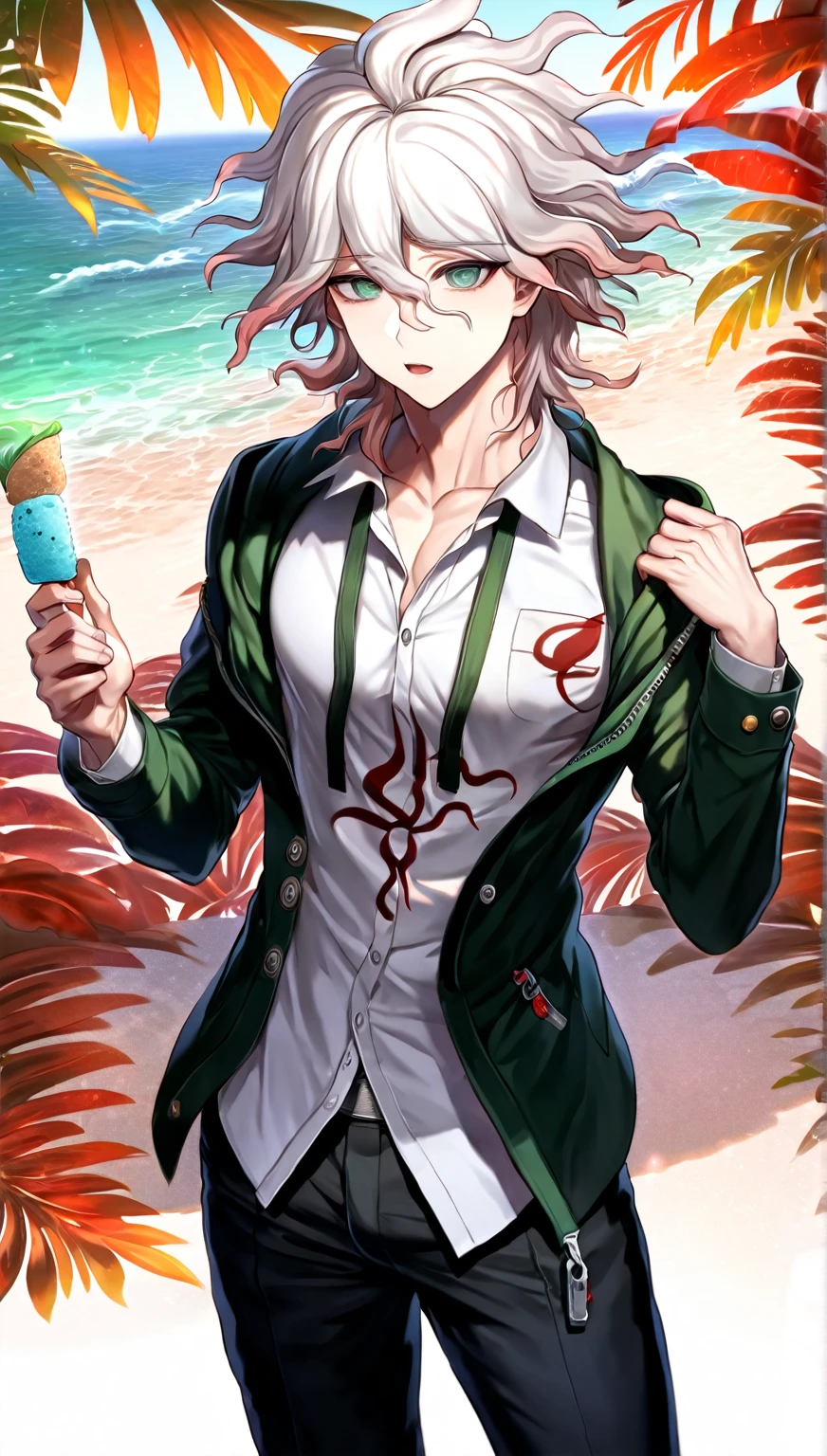 Ultra detailed, Highres, absurdres, HDR, master piece, Komaeda Nagito, white hair, expressive gray-green eyes, Danganronpa, sexy man holding ice cream, solo, green coat with a hoodie, black pants, white shirt, city, glittering, sensual, fantasy, beach, sea, manly man, horny, green leaves,