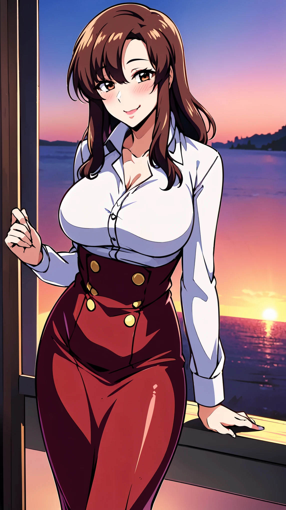 （（super high quality,Ultra-high resolution,16K,super masterpiece,Ultra HD ,Detailed shading,））Sunset entrance,One sexy mature woman,（（Sexy pink dress shirt,popped Tight collar,））Long sleeve,Red Long Tight Skirt,Looking at the camera,Brown medium long hair,smile,blush,Thick lips,slouch,