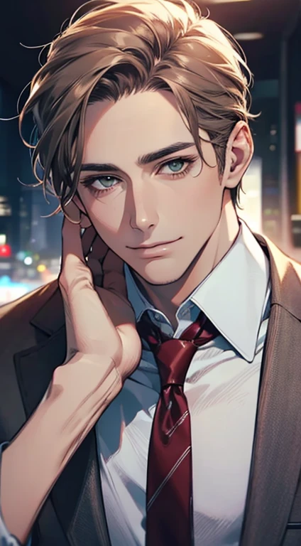 (Highest quality,4K,8K,High resolution,masterpiece:1.2),Super detailed,(Realistic,photoRealistic,photo-Realistic:1.37),1 personld,Mature Men,Beautiful skin、very handsome,Expressionless smile in love,Short gray brown hair,green eyes,Sharp Eyes,A perfect face without a doubt,Businessman, CEO, Office Background,Cinema Lighting,HDR image,tie、
