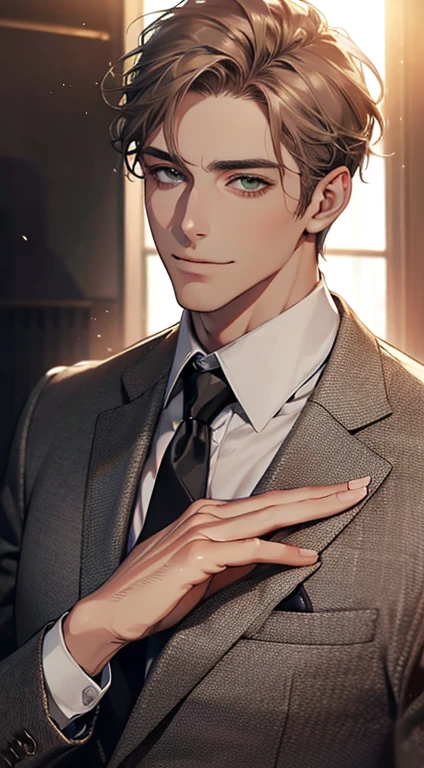 (Highest quality,4K,8K,High resolution,masterpiece:1.2),Super detailed,(Realistic,photoRealistic,photo-Realistic:1.37),1 personld,Mature Men,Beautiful skin、very handsome,Expressionless smile in love,Short gray brown hair,green eyes,Sharp Eyes,A perfect face without a doubt,Businessman, CEO, Office Background,Cinema Lighting,HDR image,tie、