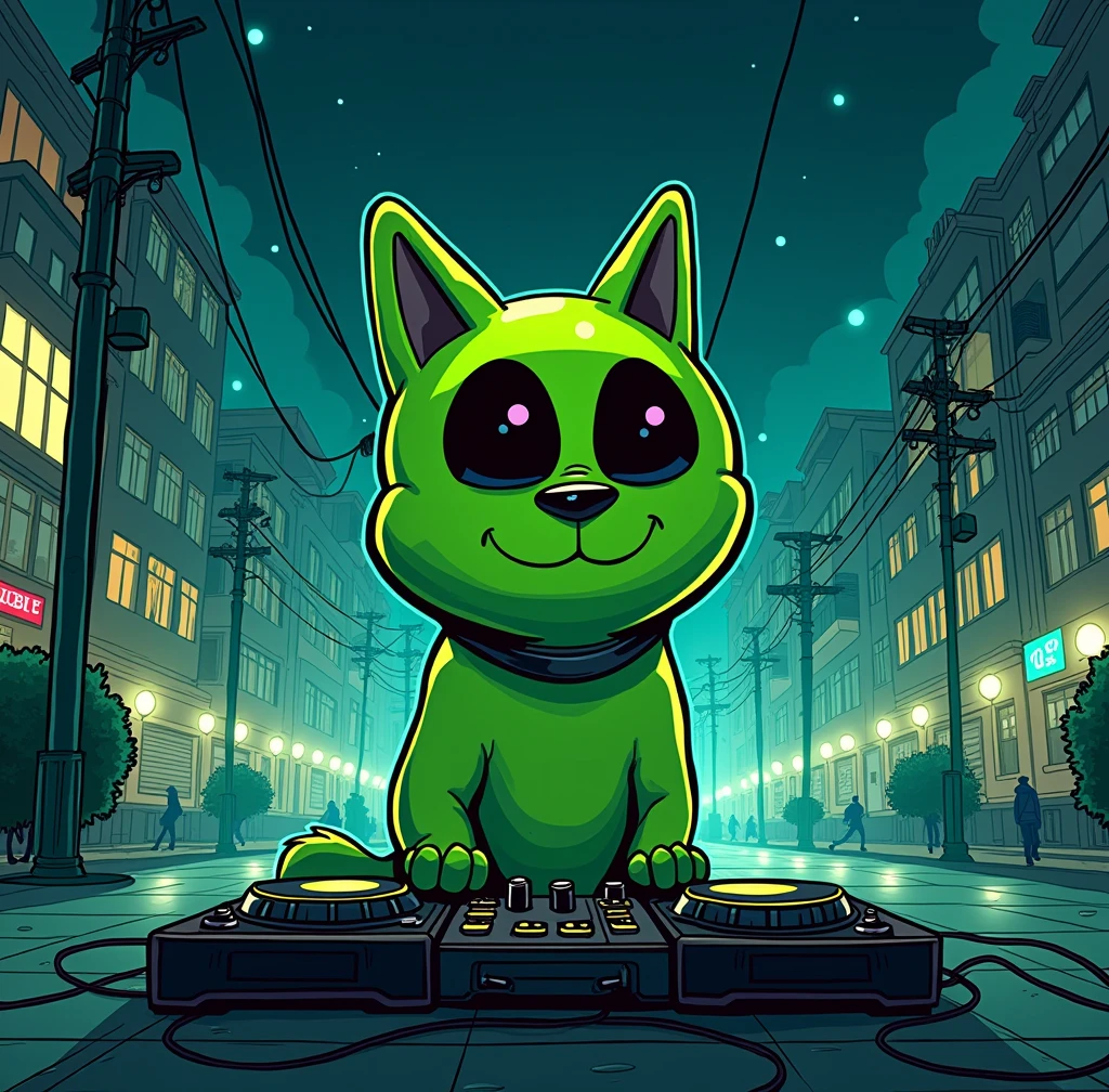 manga comic cartoon of a rounded fluorescent green-black color big head alien dog dj , add the text ¨Rick D´Angle ¨ to the image , totaly night view photo with ultra open wide lens photo technic