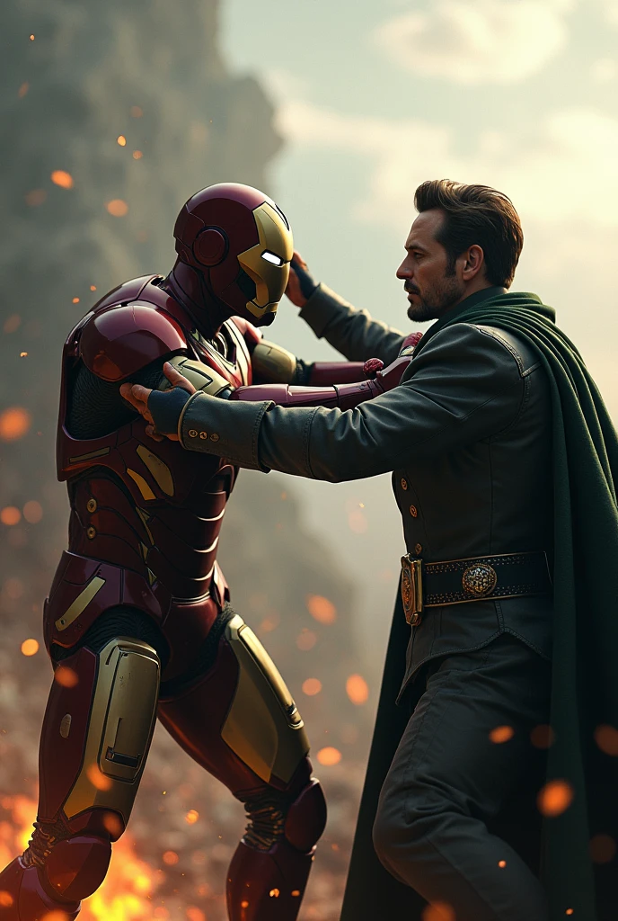 Henry Cavill in Iron Man armor without helmet fighting with Robert Downey Jr in Doctor Doom outfit without mask , cinematographic 