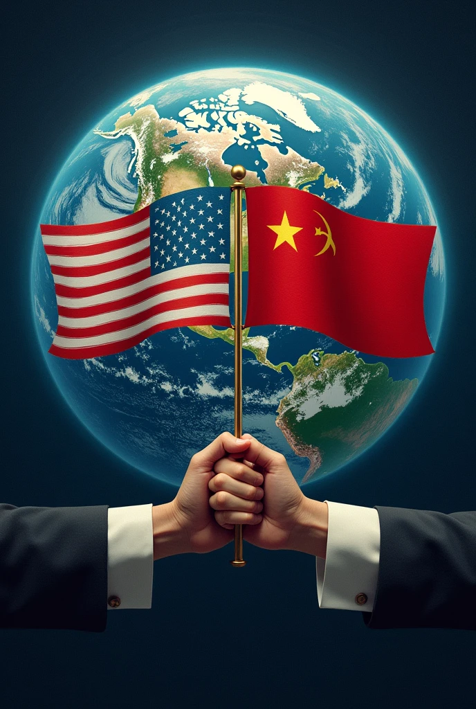 laugh an image of planet earth, On top of planet Earth, place two people facing each other and each holding a flag of the United States and one of the Soviet Union., below them place closed hands as in a power struggle one hand the color of the United States flag and the other the color of the Soviet Union flag
