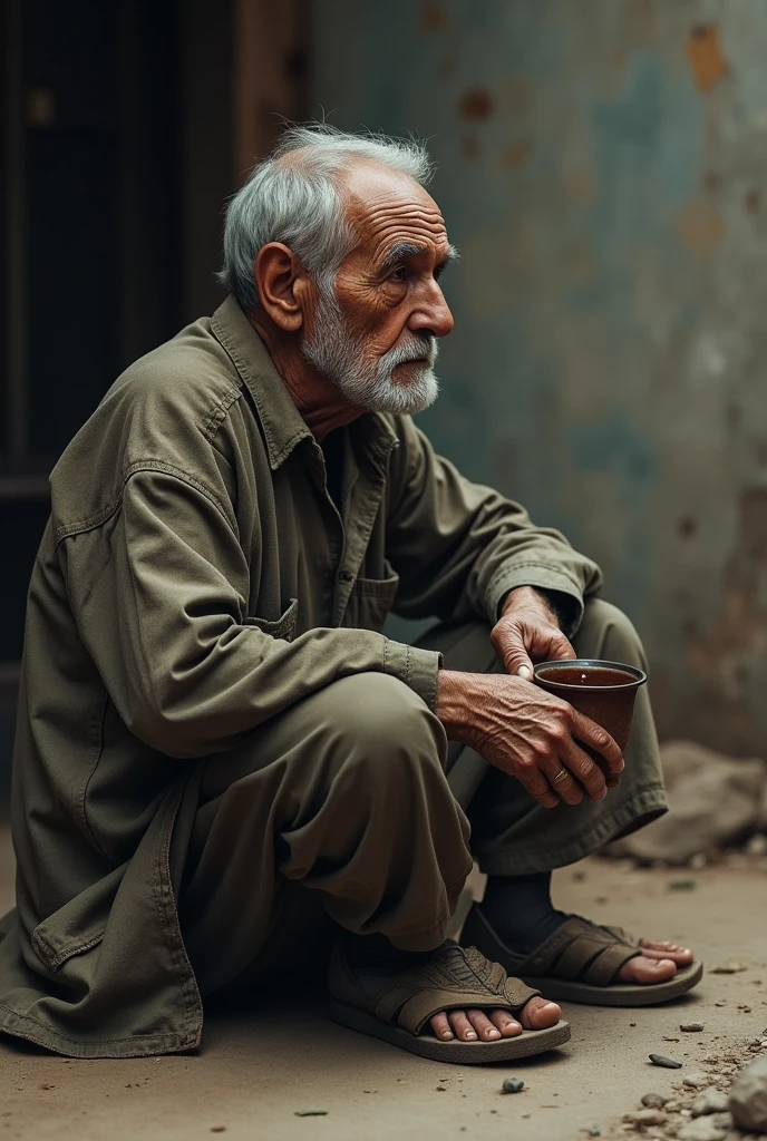 elderly man drinking sitting on the ground. Full body image shows him from head to toe. Side perspective where you can see his right profile