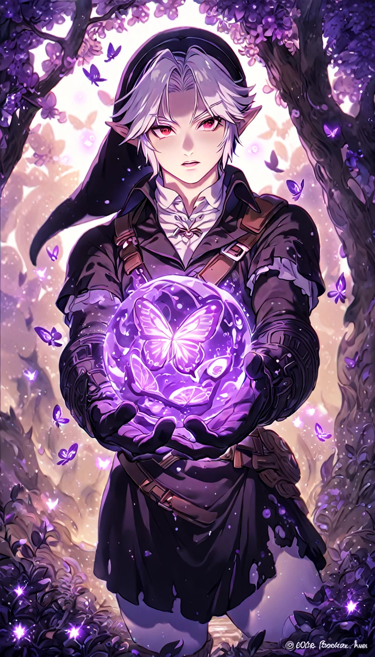absurdres, highres, ultra detailed, HDR, master piece, best quality, extremely detailed, Dark Link, white hair, expressive red eyes, The Legend Of Zelda Ocarina Of Time, solo, sexy man, sensual, handsome, black tunic, black hat, black gauntlets, black skin, under a purple tree, fantasy, magical, purple glittering fireflies, purple butterflies, purple flames, glass magic, purple leaves