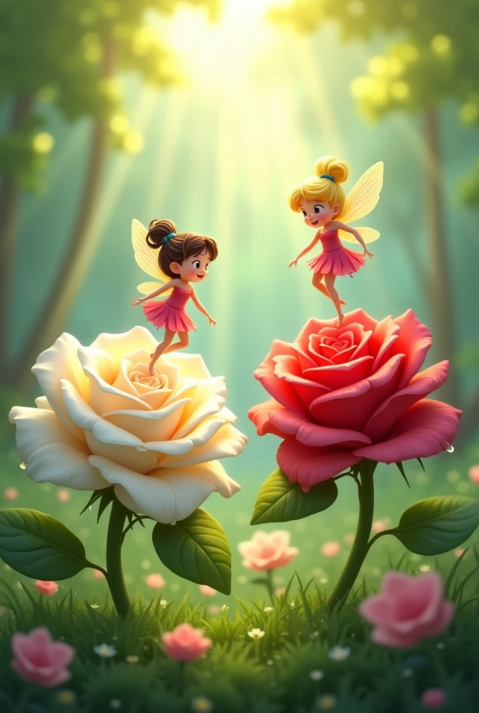 two rose, white rose and red rose two cartoon stylist fairies on both roses in the garden dancing cartoon stylist, some water drops on flower, sun rays in garden , greenery