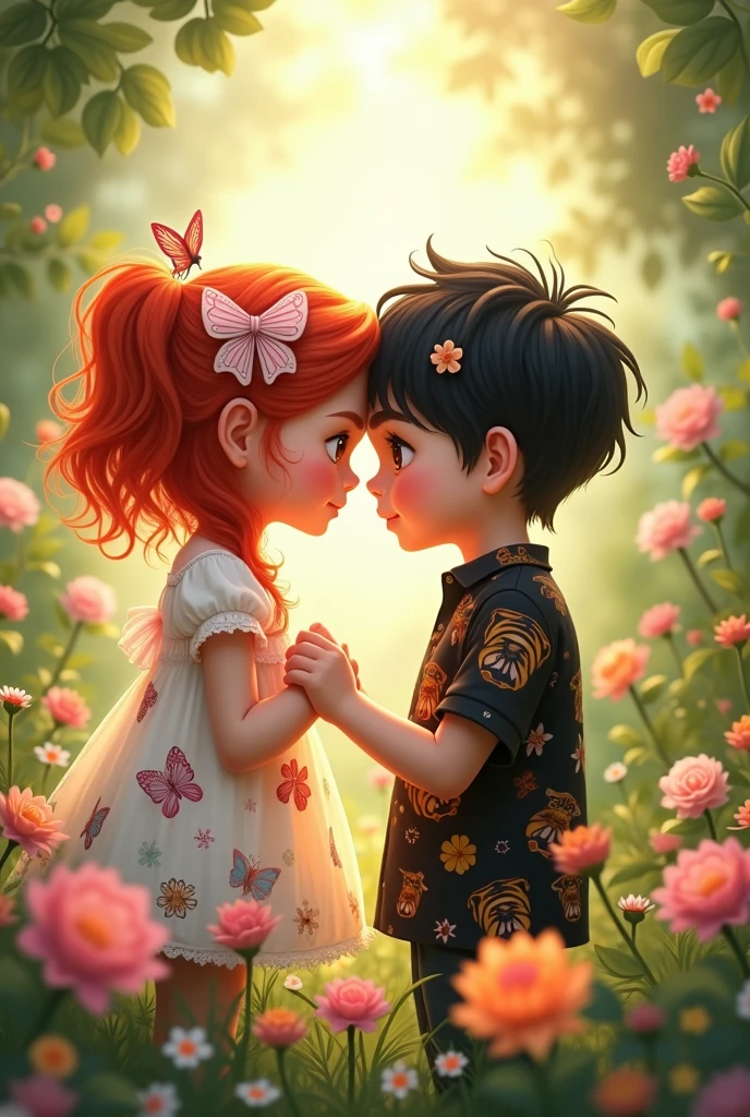 crianças brothers, de cabelo ruivo, Floral butterfly dress with pink bow, brothers, black haired with black tiger blouse
