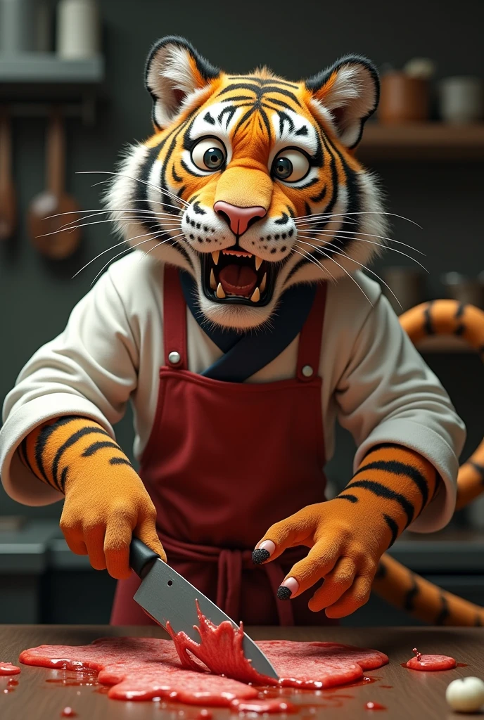 Tiger chef cutting his own long tail into pieces, ahocked expression, realistic, long sliced tail, long severed tail 