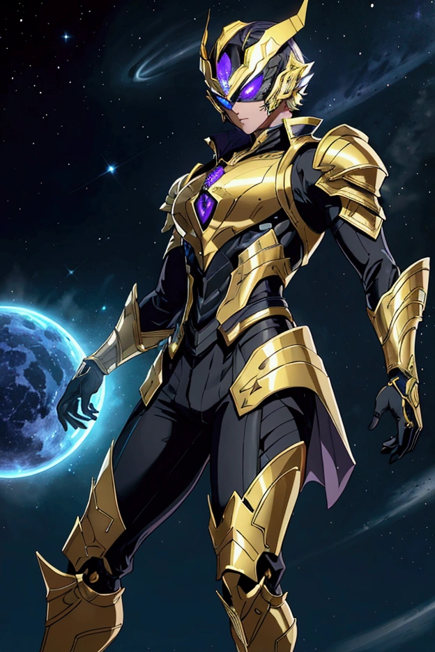 It's a man. The image presents a highly detailed and futuristic armor designed for a male warrior. The armor combines elements from different parts to create a cohesive and powerful look. Helmet: The helmet features a sleek, aerodynamic design with a golden metallic finish. It has a central crest that rises upwards, and the visor glows with a bright blue light, giving it a high-tech, futuristic appearance. Pauldrons (Shoulder Pads): The shoulder pads are designed to be close to the chest, with angular lines extending smoothly toward the shoulders. They have a polished golden finish and curve elegantly upward, creating a harmonious transition between the chest and shoulders, while providing a majestic and protective look. Chest Plate: The chest plate is intricately segmented, with a combination of gold and dark metallic blue. It has a gem-like crystal in the center that emits a soft, mystical glow. The design of the chest plate is both protective and regal, with sharp, angular lines that add to the overall futuristic aesthetic. Arm Guards: The arm guards are sleek and streamlined, with articulated golden and purple segments that offer flexibility and protection. The design of the gauntlets is both robust and elegant, incorporating futuristic elements that blend with the classic style. Leg Armor: The legs are armored with segmented plates that are primarily gold and purple. The boots are angular and sturdy, with a design that conveys both strength and agility. The overall look of the leg armor is grounded yet sleek, completing the ensemble with a powerful stance. The background of the image is a dark cosmic scene, filled with distant stars and nebulae that highlight the polished surfaces of the armor. Dynamic lighting is used to emphasize the key features, particularly the glowing visor and central chest gem, reinforcing the mystical and imposing nature of the warrior.