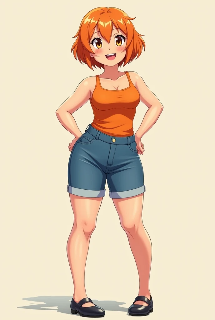 a cartoon adult girl, anime girl, cell shaded adult animation, shorts, orange hair, solo, short hair, smile, full body, 4k hd, legs visible, tall, blue shorts and an orange tank, brown eyes, 1girl, in black Flats, 4k hd, wide, chubby girl, long legs, front position