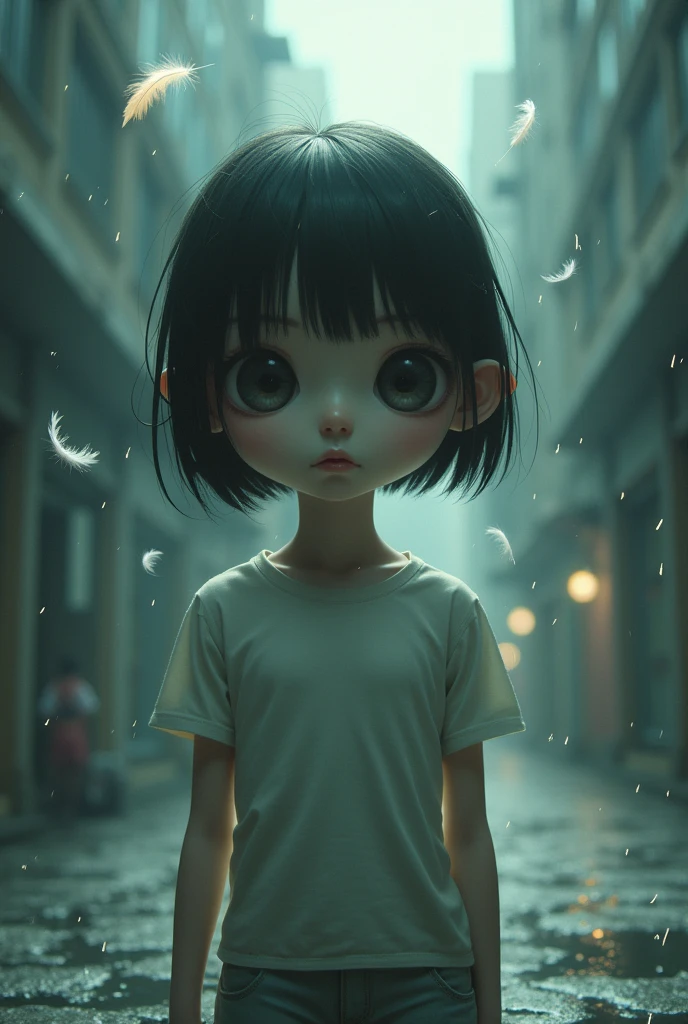 absurderes, high resolution,, (1 girl, standing alone), eyes large,, urban landscape,, (water effects, light effects, Fluttering feathers:1.2),big boobies