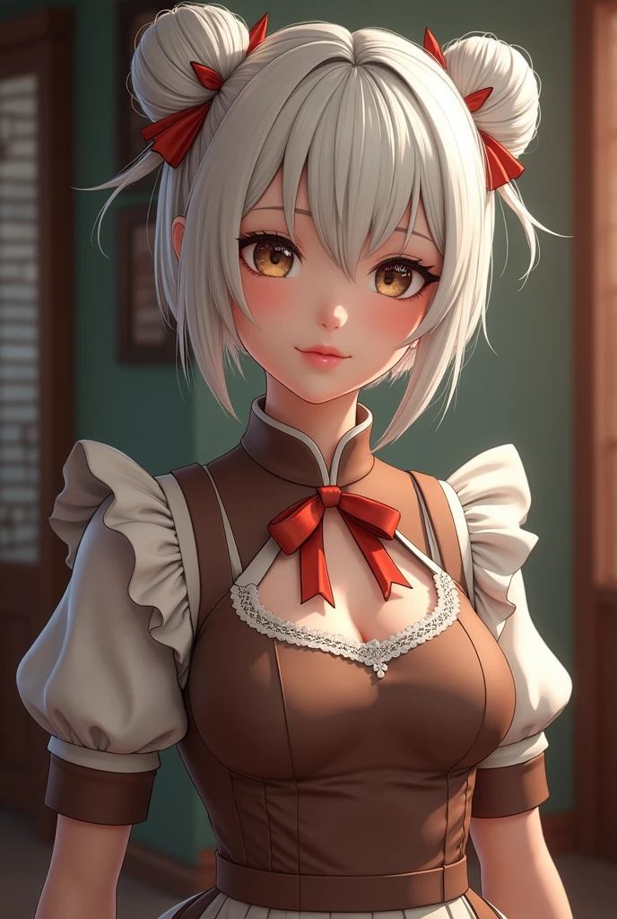 Brown maid outfit, short white hair bowcup, flat breast, Niújiǎotóu chunli buns