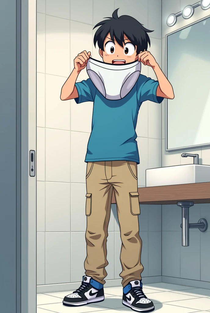 into the image, a cool teenager , with white skin and straight black hair in an American cut, is posing in a bathroom. He wears a blue t-shirt and beige cargo pants., complemented by a pair of Air Jordan sneakers in blue, black andwhite. O jovem está segurando Only one underpant (of the boxer model), essa underpant é branca (medium-sized) with both hands, displaying it to the "Camera", with a happy and relieved expression. The bathroom in the background is modern and minimalist., with details like a large mirror and light tiles. The teenager's expression is relaxed and fun, besides him appearing relieved, giving a casual and informal tone to the image, In anime style, he holds a (Only one) (th1) underpant (of the boxer model) medium-sized, sendo segurada with both hands, ele está com cara de quem está sem usar underpant por baixo da calça, because you just took it off, ela é of the boxer model!