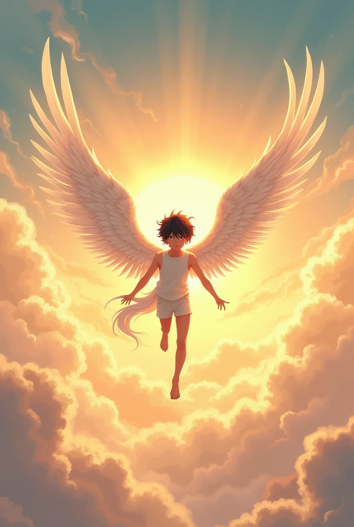 Black haired boy with white wings flying towards the sun