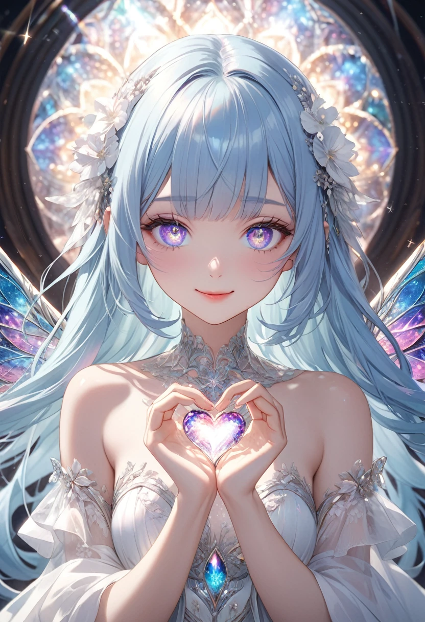 masterpiece, best quality, extremely detailed, (illustration, official art:1.1), 1 girl ,(((( light blue hair)))), ,(((( light blue long hair)))),light blue hair, ,((blush)) , cute face, big eyes, masterpiece, best quality,(((((a very delicate and beautiful girl))))),Amazing,beautiful detailed eyes,blunt bangs((((little delicate girl)))),(((tareme))),droopy eyes.(true beautiful:1.2), sense of depth,dynamic angle,,,, affectionate smile, (true beautiful:1.2),,(tiny 1girl model:1.2),)(flat chest),soft focus , light gradation watercolor , , glitter , glow , dreamy , white background、Grid illusion, Colorful, Girl、((extremely detailed eye:1.5)),((Face Zoom:1.5)),((Face Focus:1.5))Beautiful and aesthetic: 1.2)),{{hyper detailed masterpiece: 1.7}}, {{Cinematic lighting}},(The hair　Transparency:1.5）,(Light shades:1.5，White tones，Light white background:1.5、optic:1.5，Cold reflection:1.5，Object edges are reflected in white:1.5) 、(God on the back々large iridescent wings,:1.5)、(Golden ratio: 1.2), (Full body: 1.2), (Super Detail: 1.3), (girl with: 1.3), (Fractal Art: 1.3), {{{Glitter Pupil:1.25}}}) ,((Making a heart shape by hand:1.5)),patterns, (Glittering blue hair, Shiny hair: 1.2)), , Writing, , (Colorful: 1.5), (((Shy face)), (full body Esbian), (Hyper-detailing), ((delicate detail)), (intricate-detail),((a closeup)),((Seductive smile)) (Full body:1.2),(look at viewr:1.2),(Dazzling light:1.5)、(white world:1.5)、(Very heavy rain:1.5)、、、Big eyes、(Breaking glass:1.5)、{{ Stunning illustrations of amazing celestial objects}},
