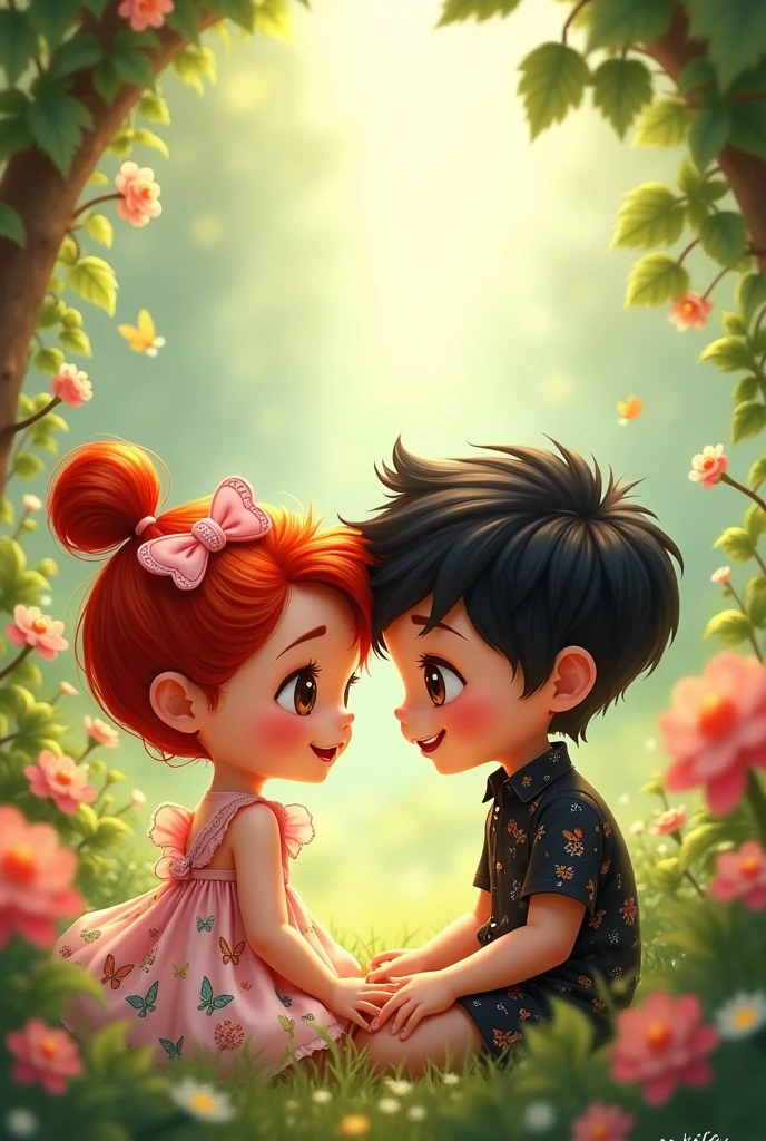 crianças brothers, de cabelo ruivo, Floral butterfly dress with pink bow, brothers, black haired with black tiger blouse