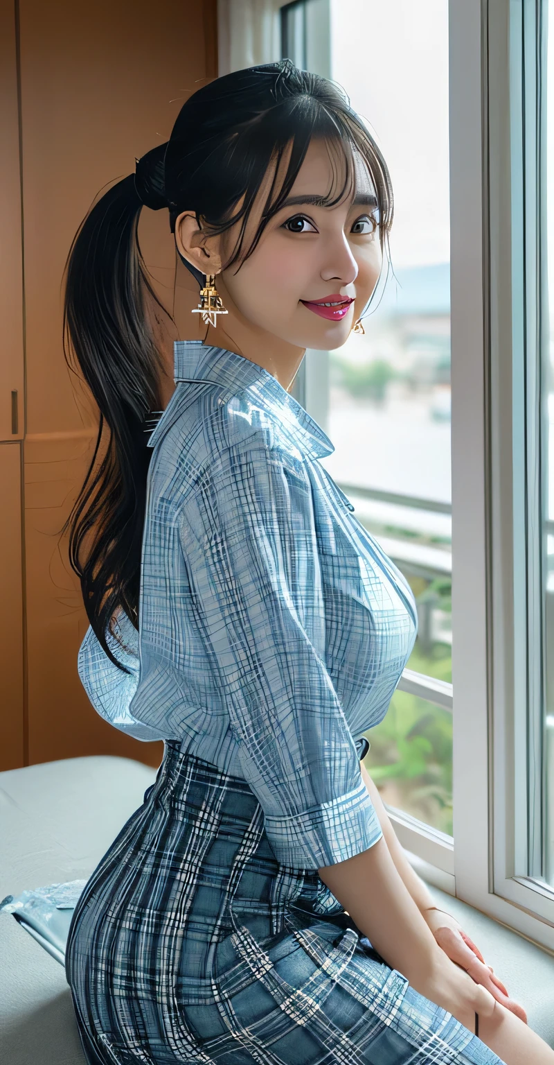 (8k,RAW Photos,Like the picture:1.45),masterpiece,Highest quality,wonderful,(Sexy Mature Woman:1),(Mature very cute woman:1.3), (2. Women.1.3)、(((very, Very large breasts)))、(((Extremely lewd and very huge boobs))、(((Very deep valley)))、Hyper Real、She is a々In a quiet office、A beautiful and elegant smile、beautiful white skin、beautiful, Delicate and precise skin texture、Long, fluffy, beautiful black hair(ponytail:1.45)、beautiful Japanese Women、(BIG ASS)、Thick thighs、Bright red lips、Gold small star-shaped earrings、{Light blue checkered long skirt((Plain white blouse))},