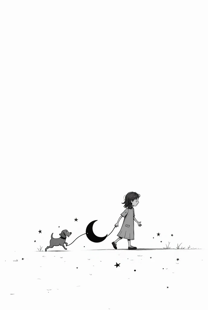 white background.Simple black child drawing, with long loose hair wearing a dress. The child should appear to be moving. The child holds a half moon by a string. The half moon is drawn simply and is also black.. Dog running after child to play. Scattered around the scene, both around the child and the dog there are simple stars of different sizes, drawn with fine lines to add a touch of sparkle and magic to the scenery. The rope connects the crescent to the child&#39;s hand. It must be drawn in a fluid way., showing action and movement.