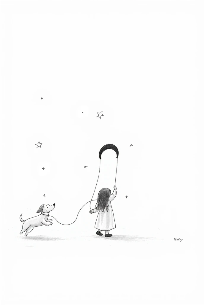 white background.Simple black child drawing, with long loose hair wearing a dress. The child should appear to be moving. The child holds a half moon by a string. The half moon is drawn simply and is also black.. Dog running after child to play. Scattered around the scene, both around the child and the dog there are simple stars of different sizes, drawn with fine lines to add a touch of sparkle and magic to the scenery. The rope connects the crescent to the child's hand. It must be drawn in a fluid way., showing action and movement.