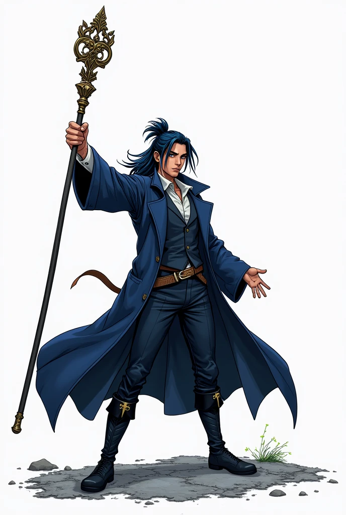 traditional comic art. d&d, young man magician, Bblack hair, Bun hair, dark blue overcoat, wizard's staff, traditional comic art. No Background Heroic Poses Dramatic Light and Shadow, fundo branco