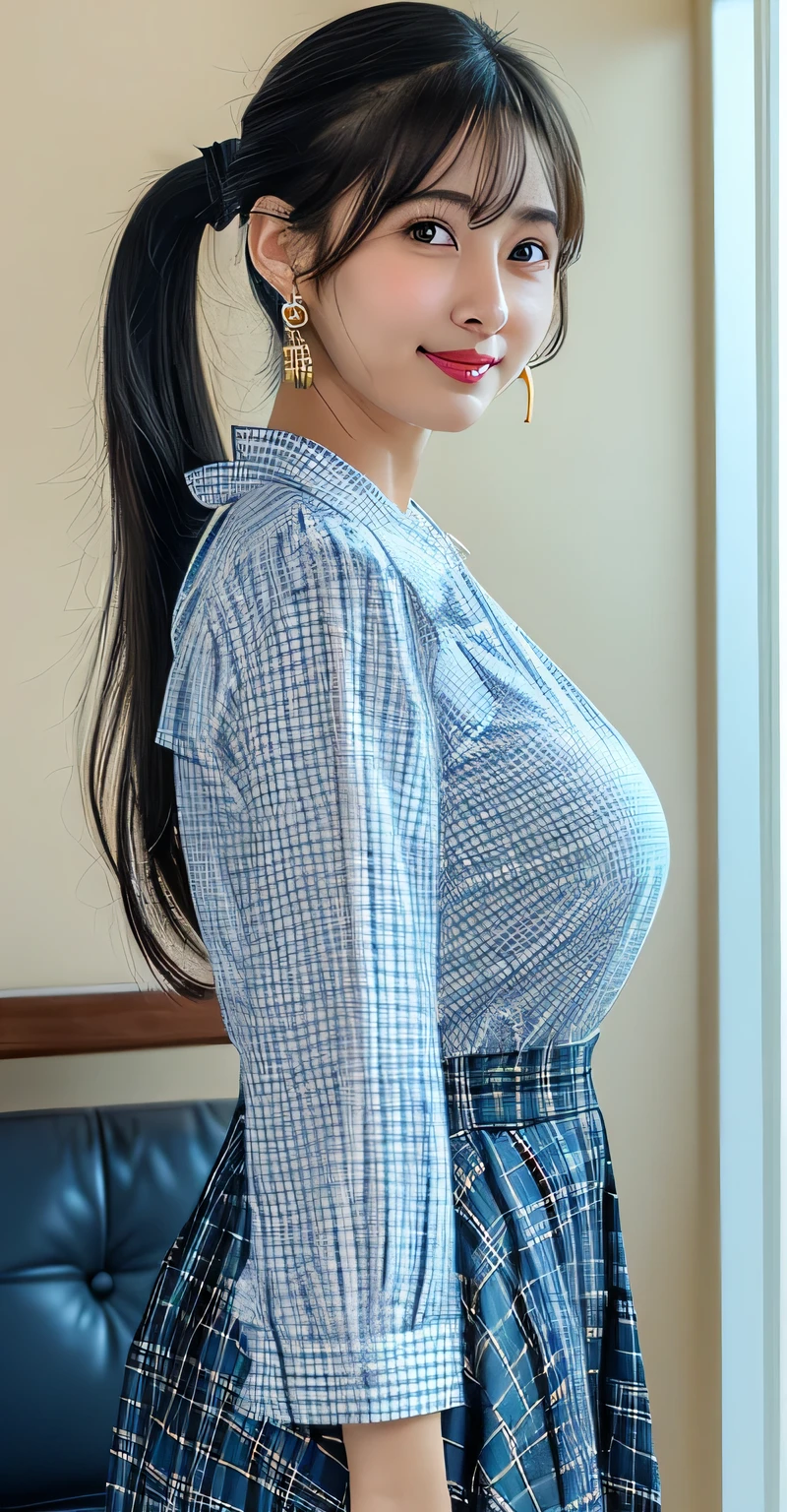 best quality, portrait of 20 years old woman, beautiful asian face, black hair, pudgy cheeks, (chubby:0.9), curvy thighs, short sleeve blouses button, pleated mini skirt, cleavage, white pale skin, red lips, bust photo, raw photo 8k, wallpaper official art, seductive smile, closed mouth, ponytail french braid, (full body:0.9), diamond necklace, semi rimless glasses, standing, indoor shot, lens flare, shot from front