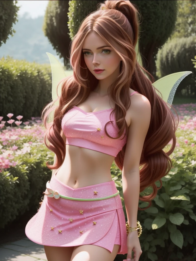 (best_quality, add_detail, masterpiece), woman, looks at the camera,   Flora_Winx, Flora_Winx style, Flora_Winx clothing, fairy wings,  pink  crop top, pink short  petal skirt , brunette, hairstyle   ponytails, slim figure,  flawless appearance, flawless anatomy,  Nature fantasy background, stardust,  cinematics, realistic art, 8K, fantasy, --style raw, 
