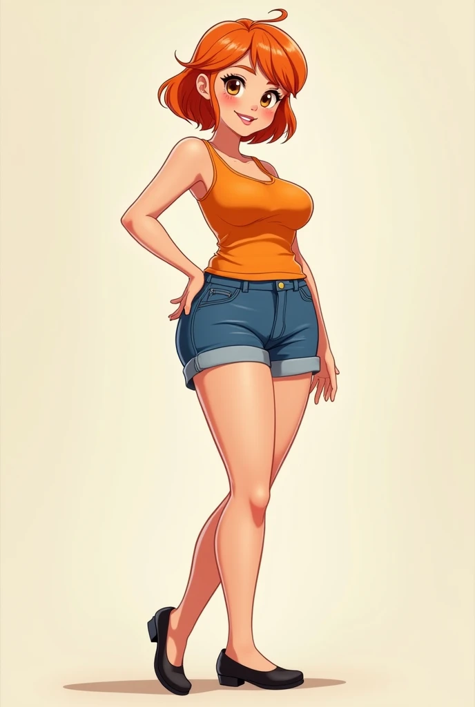 a anime adult girl, anime girl, cell shaded adult animation, shorts, orange hair, solo, short hair, smile, full body, 4k hd, legs visible, tall, blue shorts and an orange tank, brown eyes, 1girl, in black Flats, 4k hd, wide, chubby girl, long legs, front position