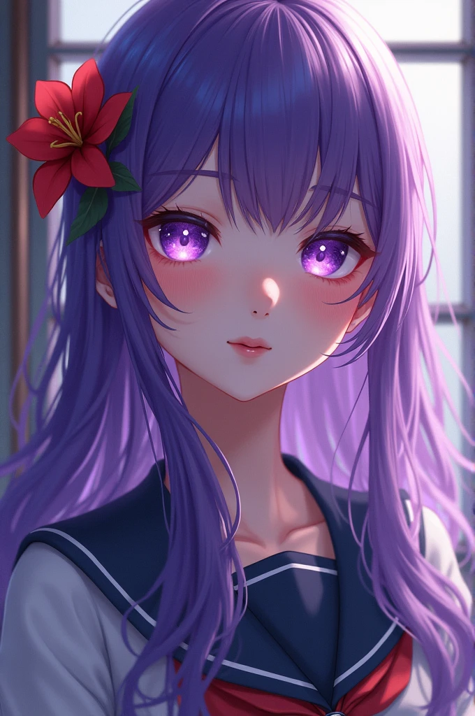 A girl with strong and long purple hair,purple eyes with pupils of bright stars,with a school uniform and a red flower in her hair as an accessory