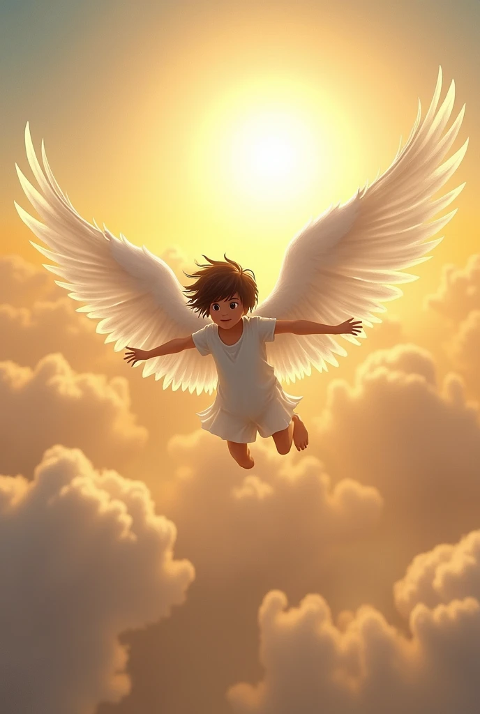 Black-haired boy with white wings flying towards the sun and falling