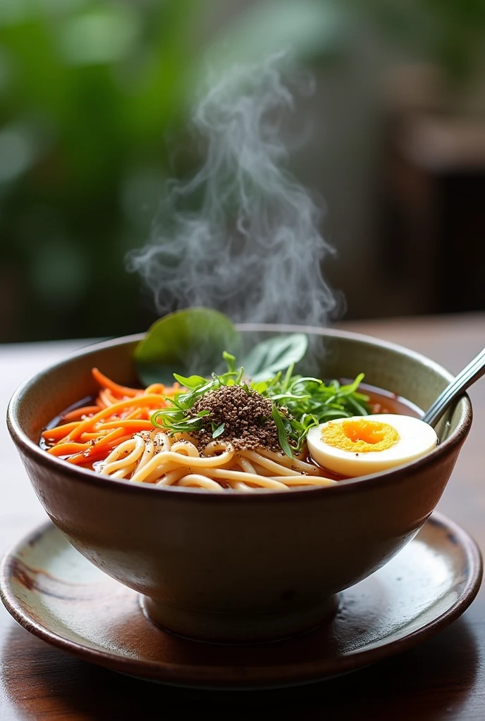 Create a photo of a Ramen, oriental noodles, composed of vegetables, vegetables, eggs, frango e oriental noodles