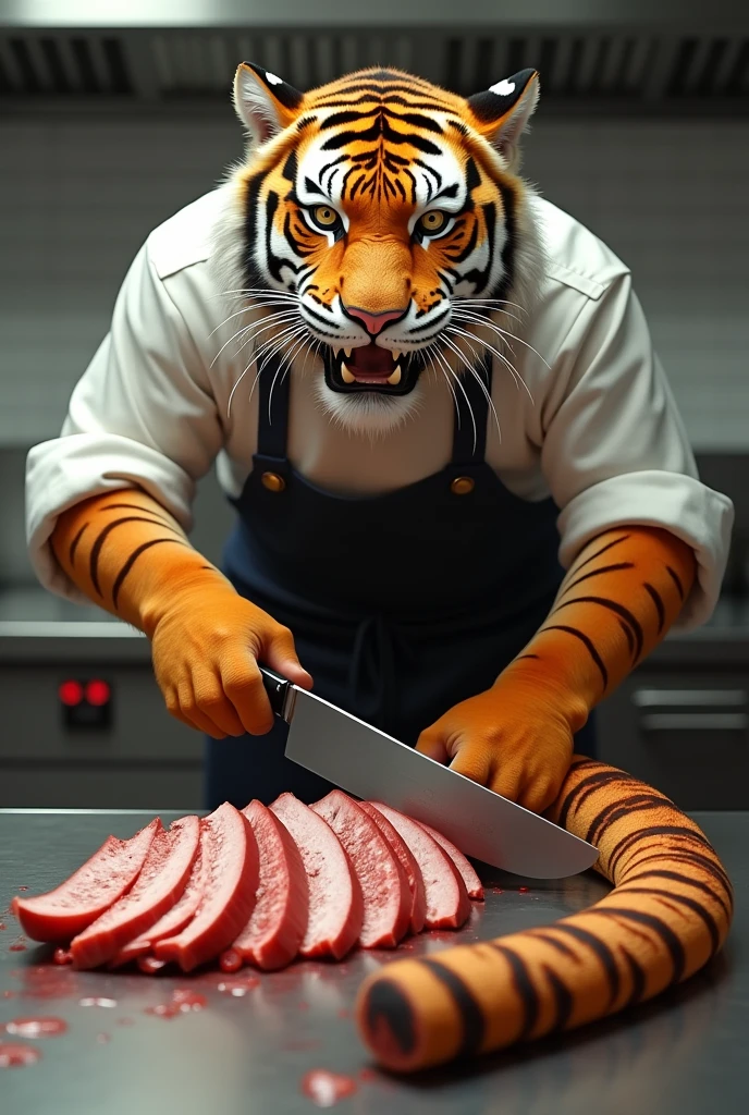 Tiger chef cutting his own long tail into pieces, ahocked expression, realistic, long sliced tail, long severed tail on the counter